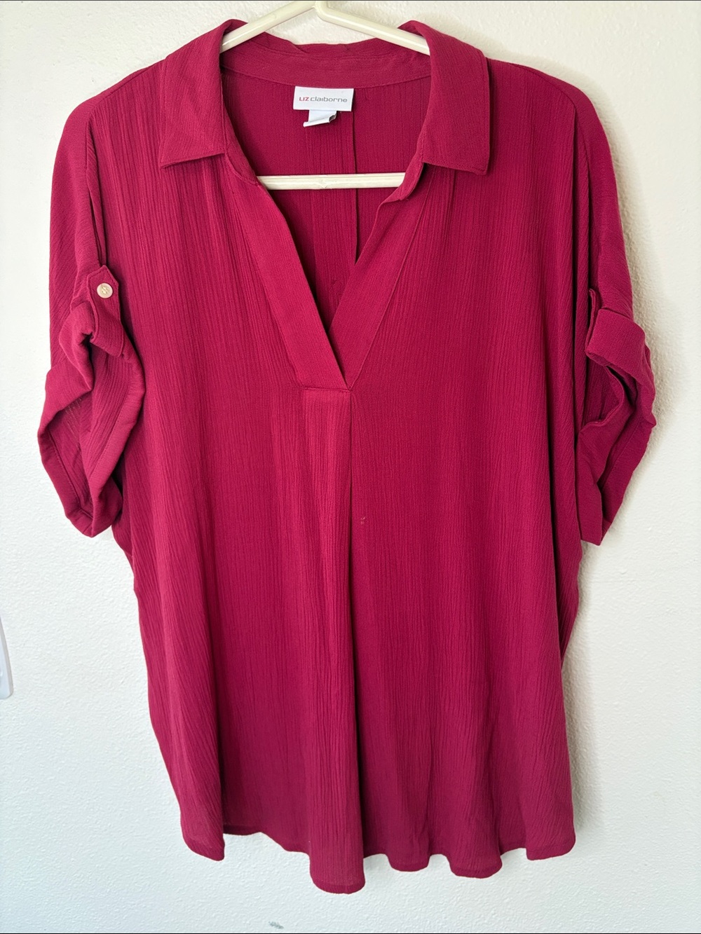 Liz Claiborne Raspberry V-Neck Roll Tab Sleeve Tunic